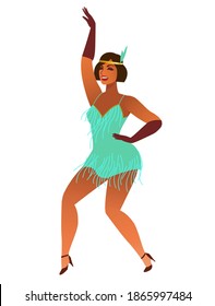 Art deco. Retro woman wearing clothes in the style of the twenties dancing Charleston. Vector illustration.