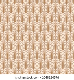 Art deco rose gold line geometric style seamless vector pattern. Abstract peacock feather elegant background.