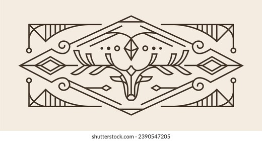 diseño de la línea de ciervos sagrados art deco. dibujo vintage del diseño geométrico de la pared de la cabeza de ciervo con ornamento detallado de la ilustración mística vectorial. 