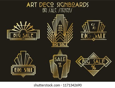 Art Deco Sale Emblems Golden Logos and Decorative Signboards