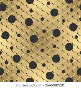 Art Deco scale pattern with circles in gold and black for luxurious and modern backgrounds. Vector seamless border in Victorian style. Vector, illustration.