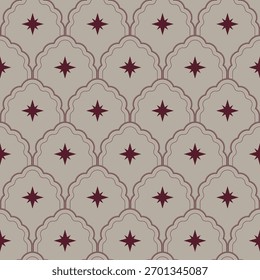 Patrón sin fisuras de Vector de vieira Art deco. Elegante estampado vintage geométrico con estrellas en colores beige y rojo