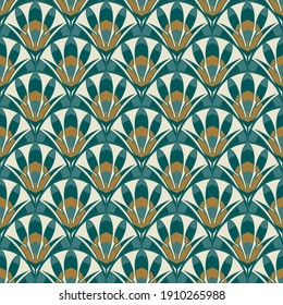 Art deco seamless abstract floral pattern. Decor element in the interior, wallpaper, fabric, green-yellow color beige background