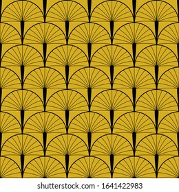 Art deco seamless fan pattern on a light brown background with gold effect