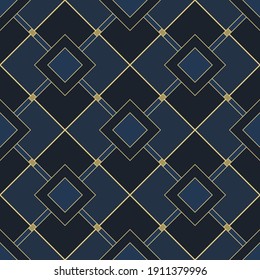 Art deco seamless geometric pattern in vector. Gold and blue background, classic triangle ornament, abstract pattern, wallpaper, fabric, wrapping 