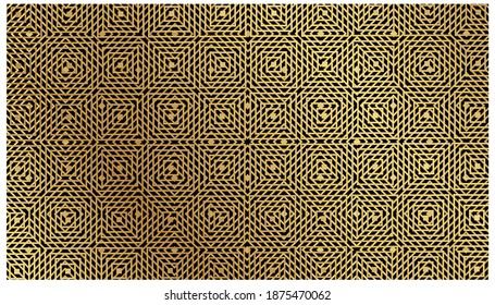 Art deco seamless gradient pattern with gold geometric shapes and golden glitter texture on black background.
