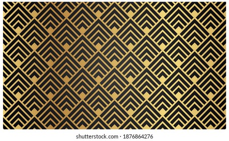 Art deco seamless gradient pattern with kite line shape, dots, arrows, golden geometric and gold glitter texture on black background.