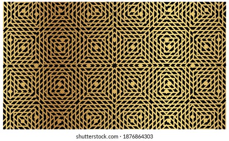 Art deco seamless gradient pattern with kite line shape, dots, arrows, golden geometric and gold glitter texture on black background.