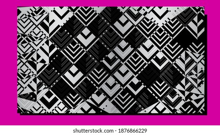 Art deco seamless gradient pattern with kite line shape, dots, arrow, geometric silver gradient and glitter texture on black background.