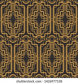 Art Deco seamless luxury geometric pattern. Golden lined shape. Vector Leaves stylish background. Abstract sea shell illustration.
