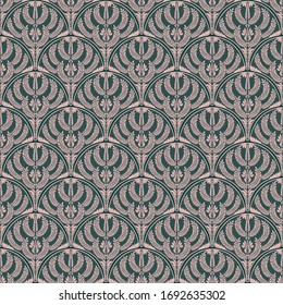 Art Deco seamless pattern. Abstract vintage vector drawing, pink and green background