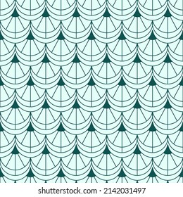Art deco seamless pattern. Abstract japanese fan. Geometric outline shape. Green wallpaper design. Editable stroke. Vector stock illustration