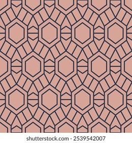 Art Deco seamless pattern background. Vintage ArtDeco geometric triangle cell pattern featuring blue lines on a mauve background.