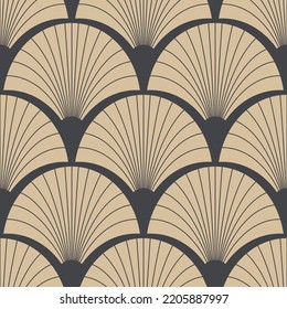 Art deco seamless pattern with beige elements on deep grey. Vector illustration. Fabric print.