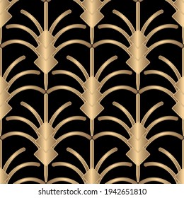 Art deco seamless pattern. Black background golden abstract palm tree with rhombuses, vintage vector wallpaper 