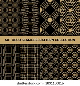 Art deco seamless pattern collection. Luxury elegance abstract patterns set. Retro style golden seamless textures on a black background.