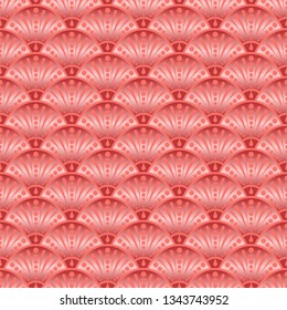 Art deco. Seamless pattern. Color living coral. Endless pattern with fan tiles. Abstract repeating texture. Stylish beautiful background. Graphic geometric regular backdrop. Fan scales ornaments 