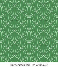 Art Deco seamless pattern design with green colored seashell motifs. Stylized floral seashell vector pattern for wallpaper, textiles, fabric, home decor.