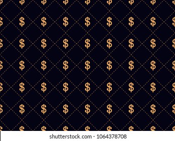 Art deco seamless pattern with dollar sign. Gold color, wealth and status 1920s, 1930s. Vector illustration 
