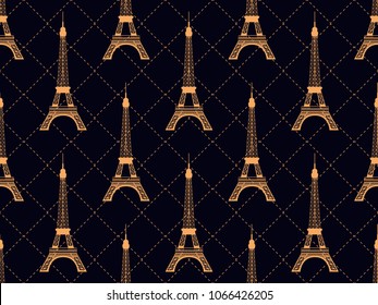 Art deco seamless pattern with eiffel tower. Gold color. Places of interest in Paris, France. Style of the 1920s - 1930s. Vector illustration