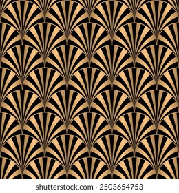 Art deco seamless pattern featuring metallic gold fan or shell shapes against a black background. Ideal for luxurious vintage designs, wallpaper, and textile prints. Vector illustration.