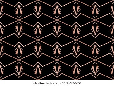 Art deco seamless pattern with geometric shapes and rose golden texture on black background.