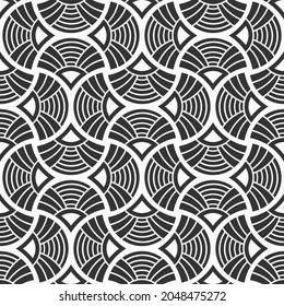 Art Deco nahtloses Muster. Geometrische Gitterstruktur. Quatrefolien. Maroccan skaliert mosaikgestreifte Fliesen. Scallop gefüllte Formen, gerundete Formen. Traditionelles orientalisches Muster. Vektormonochrome-Illustration