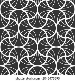 Art Deco seamless pattern. Geometric lattice texture. Quatrefoils. Maroccan scales mosaic tiles. Scallop filled shapes, rounded shapes. Traditional oriental pattern. Vector monochrome  illustration.