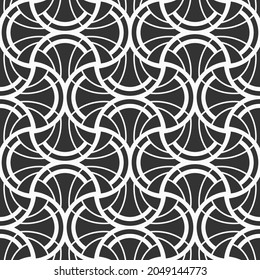Patrón art déco sin fisuras. Textura de entramado geométrico. Papeles de quatref. El marroquí baldosa mosaicos. Formas rellenas de vieira, formas redondeadas. Patrón oriental tradicional. Ilustración monocroma vectorial.
