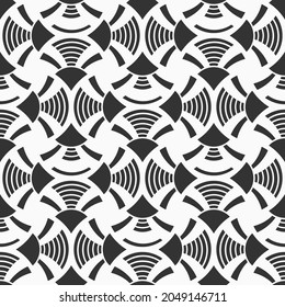 Art Deco seamless pattern. Geometric lattice texture. Quatrefoils. Maroccan scales mosaic tiles. Scallop filled shapes, rounded shapes. Traditional oriental pattern. Vector monochrome  illustration.