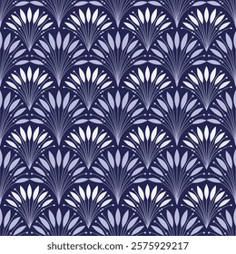 Art Deco seamless pattern. Geometric decorative texture with white leaves. Floral vector illustration on blue background.