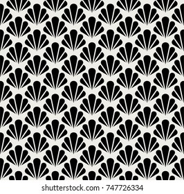 Art Deco Seamless Pattern. Geometric Floral decorative texture. Vector Leaves stylish background. Abstract sea shell illustration.