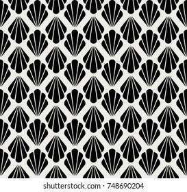 Art Deco Seamless Pattern. Geometric Floral decorative texture. Vector Leaves stylish background. Abstract sea shell illustration.