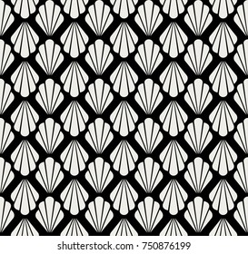 Art Deco Seamless Pattern. Geometric Floral decorative texture. Vector Leaves stylish background. Abstract sea shell illustration.