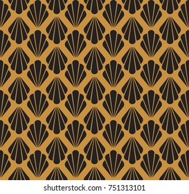 Art Deco Seamless Pattern. Geometric Floral decorative texture. Vector Leaves stylish background. Abstract sea shell illustration.