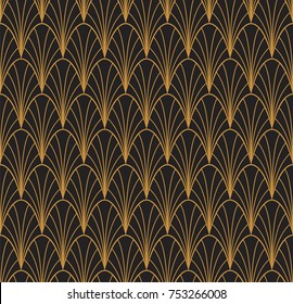 Art Deco Seamless Pattern. Geometric Floral decorative texture. Vector Leaves stylish background. Abstract sea shell illustration.