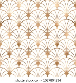 Art deco seamless pattern with gold geometric shapes and golden glitter texture on white background.
