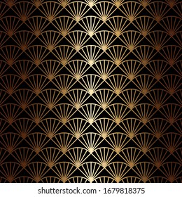 Art Deco Seamless Pattern In Gold Color On An Isolated Black Background Or Gold Exclusive Background. EPS 10 Vector.