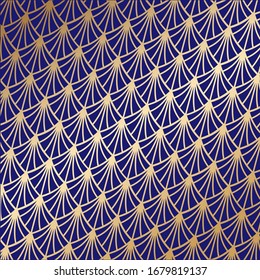 Art deco seamless pattern in gold color on isolated phantom blue background or gold exclusive background. EPS 10 vector.