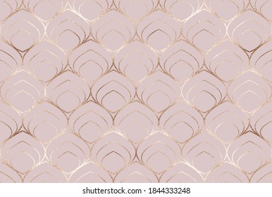 Art deco seamless pattern with gold geometric leaves grid.