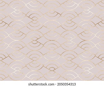 Art deco seamless pattern with gold decorative fan shapes.