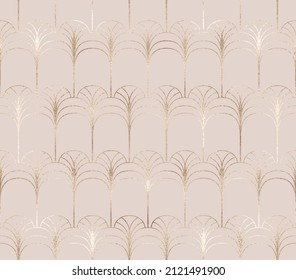 Decoración art déco sin fisuras con ventilador y arcos decorativos dorados.