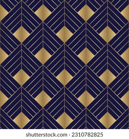 Art deco seamless pattern with gold square rhombus, triangle grid line on royal blue background vector illustration.