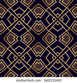 Art Deco Seamless Pattern with Golden Lines. Nouveau Print Texture. Geometric Lattice Pattern with Gold. Vintage Interior Texture. Luxury Decorative Background.