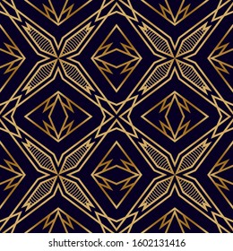 Art Deco Seamless Pattern with Golden Lines. Fashion Retro Background. Geometric Lattice Pattern with Gold. Chic Print Texture. Fashion Lattice Ornament.
