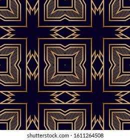 Art Deco Seamless Pattern with Golden Lines. Vintage Print Texture. Geometric Tiles Pattern with Ornamental Lines. Nouveau Interior Texture. Fashion Lattice Ornament.