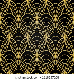 Art Deco Seamless Pattern. Golden gradient luxury vintage background. Fan scales ornaments. Geometric decorative retro papers. Vector 1920s design. Vintage illustration.