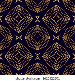 Art Deco Seamless Pattern with Golden Lines. Nouveau Print Texture. Geometric Lattice Pattern with Gold. Vintage Interior Texture. Retro Mosaic Background.