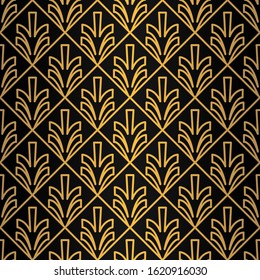 Art Deco Seamless Pattern. Golden luxury vintage background. Fan scales ornaments. Geometric decorative retro papers. Vector 1920s design. Vintage illustration.