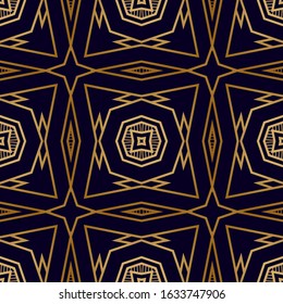 Art Deco Seamless Pattern with Golden Lines. Nouveau Print Texture.  Seamless Pattern with Geometric Shapes. Chic Print Texture. Ornament with Mosaic Shapes.